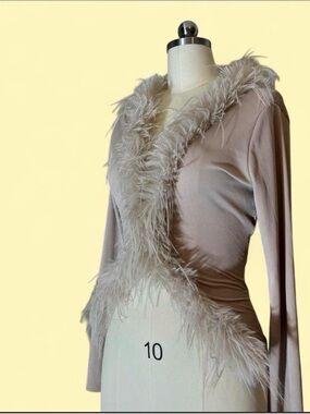 Cream Feather Trim Long Sleeve Party Top | Size S–M / 4–10